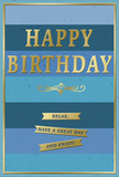 An understated yet luxurious birthday card is shown standing upright, its design blending tranquil blue tones with sophisticated gold accents, much like the quiet elegance found in the residential lanes of Kingston Vale. The background is created from broad, horizontal swathes of blue, shifting gently from a deep, inky navy at the top through denim and teal to a pale sky colour near the bottom, forming a soft ombré effect that feels both modern and restful. Dominating the centre, the words "HAPPY BIRTHDAY" are stamped in large, capital gold letters, the foil subtly embossed so that each letter catches light and casts the faintest shadow on the blues beneath. Immediately below, a fine, swirling gold motif adds a refined, almost vintage note, bridging the main message and the sentiment that follows. Three slim golden banners sit stacked just under this flourish, each one neatly edged and filled with part of a gentle instruction: "Relax, have a great day and enjoy!" The metallic gold areas, from the lettering to the banners and the slim outer border, glimmer softly against the matte, velvety card stock, giving a sense of thoughtful craftsmanship. You can imagine this card propped on a sideboard next to a birthday arrangement delivered by a local Kingston Vale florist, the composition catching morning light drifting in from a nearby window. The overall impression is calm, kind, and quietly celebratory-a birthday greeting designed for someone who appreciates simple pleasures, a peaceful pace, and a touch of golden warmth on their special day.